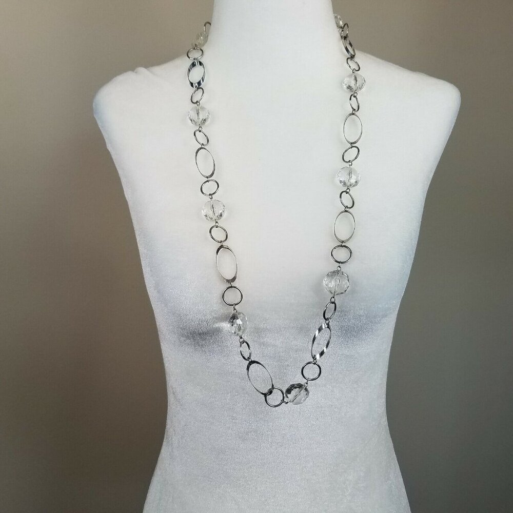 Clear Bead Necklace 32" Silver Tone‎ Oval Chain Mod Retro Style